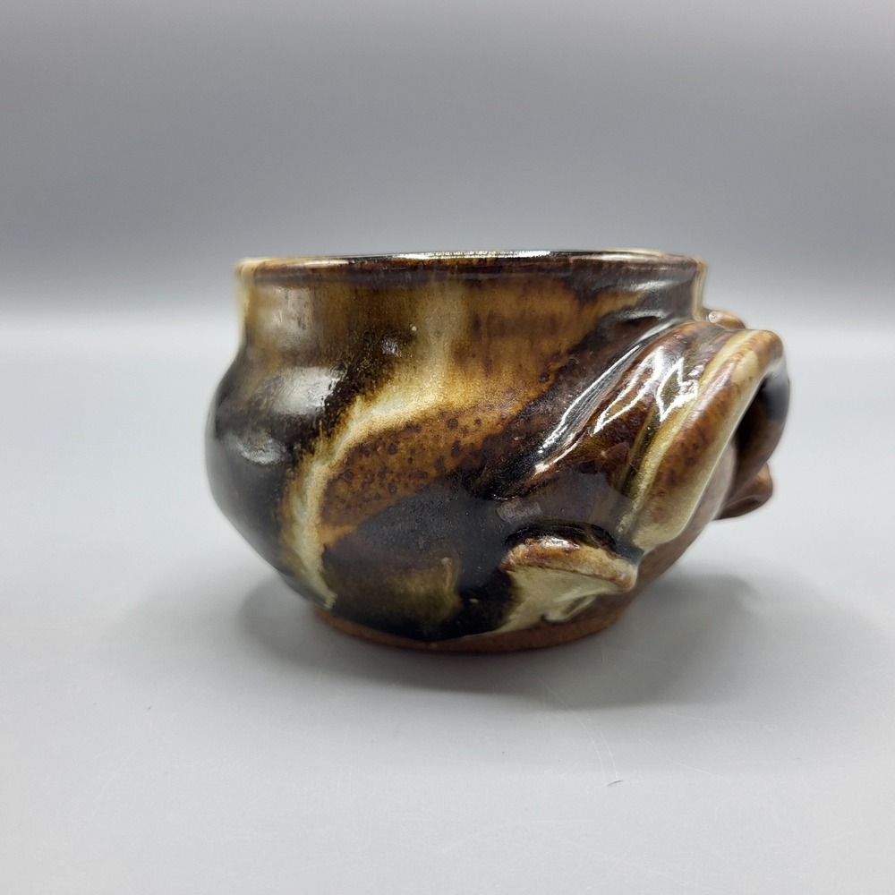 Signed HH Studio Pottery Cup Planter Small Hand Thrown Earth Tone Glaze Brown